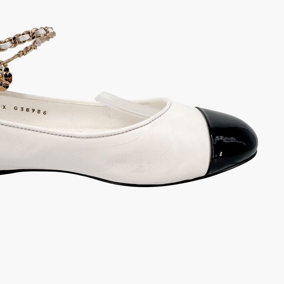 Chanel CC Camellia Ankle Chain White Cap Toe Ballet Flats Size 37.5 US 6.5-7 - Picture 10 of 15